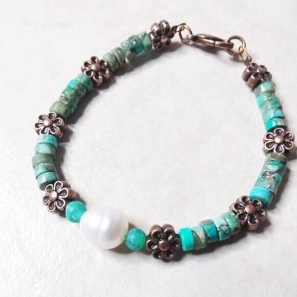 Green Sea Sediment Jasper + Copper Flowers + Real Pearl - Dainty Girly Tomboys - Picture 2 of 7